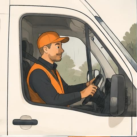 Illustration of a driver in a parked van cab