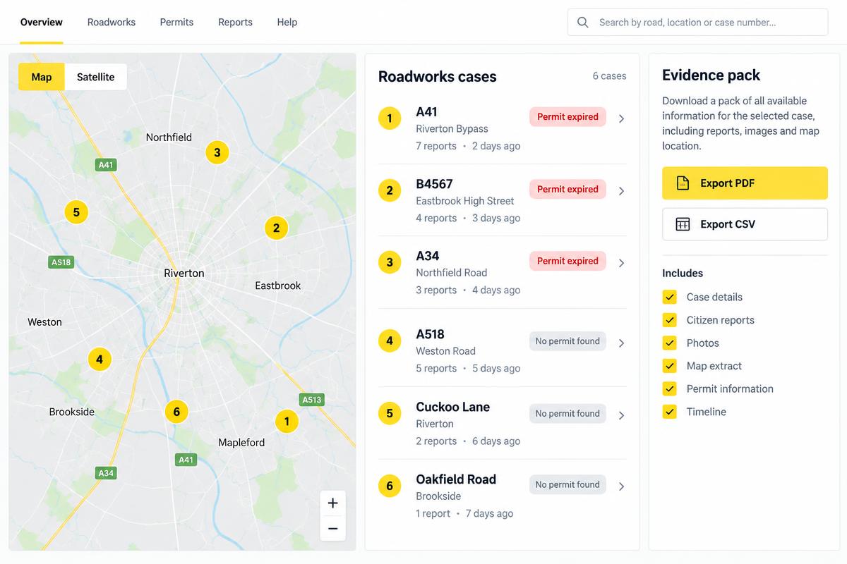 Sample council dashboard with a map, cases sorted by likely overrun and an evidence pack