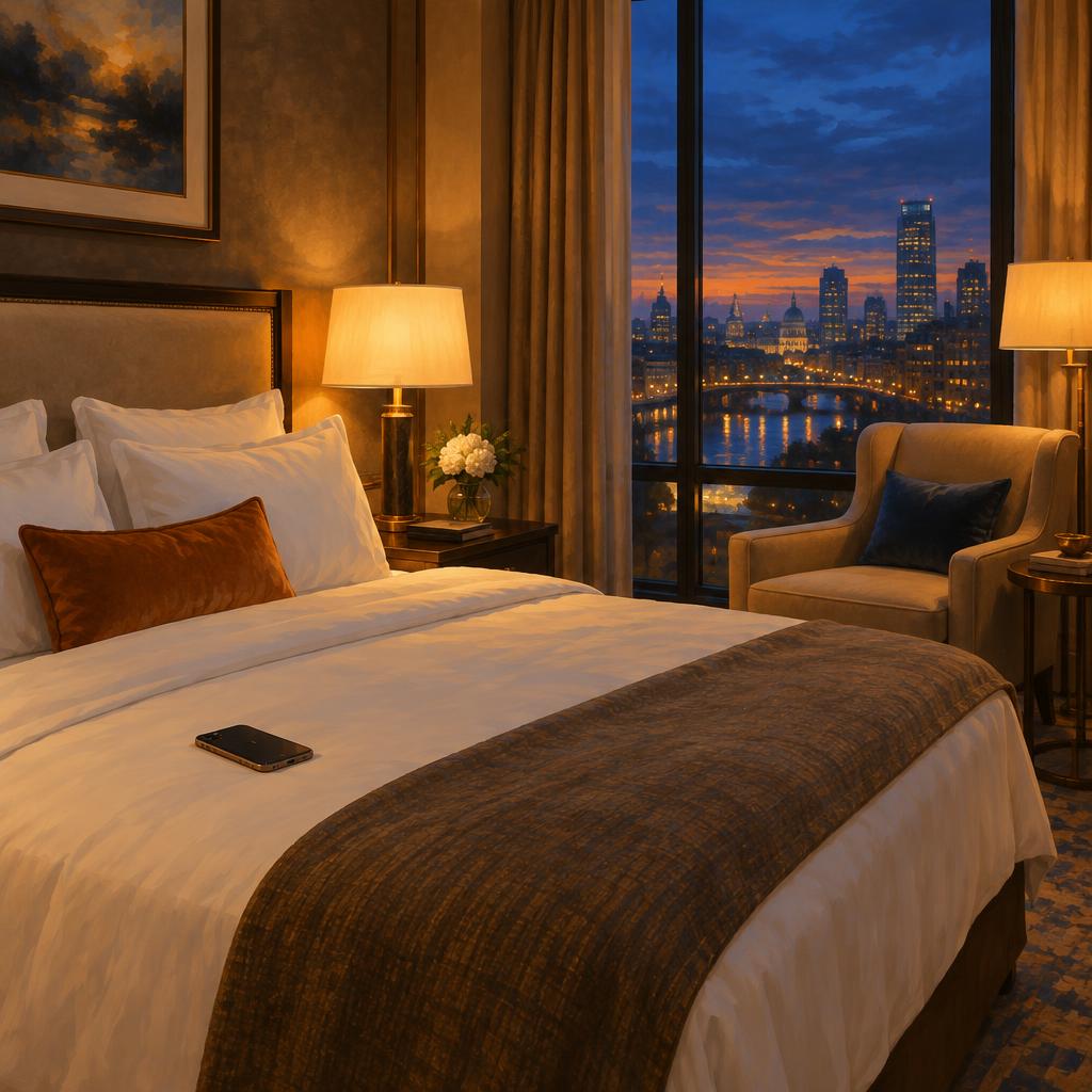 Illustration of a warmly lit hotel room in the evening
