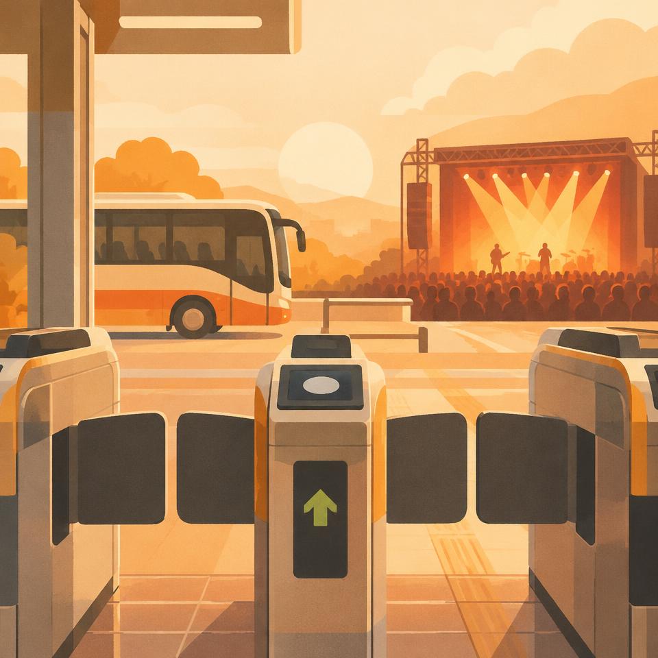 Illustration of a ticket gate with a bus and a concert stage behind
